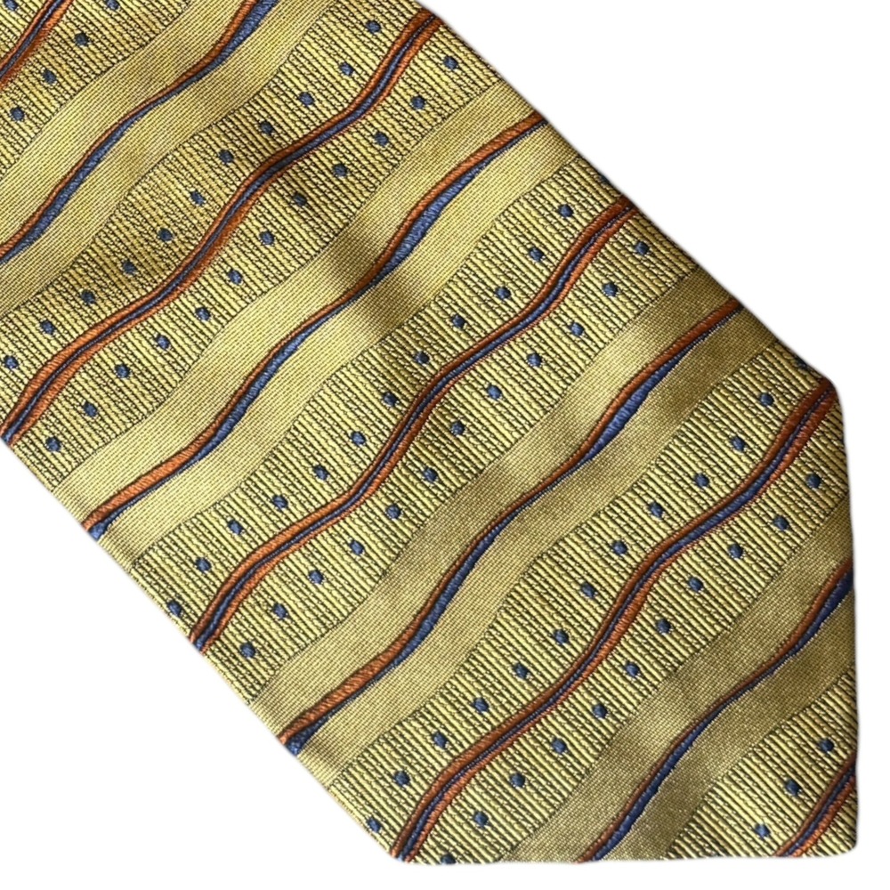 Cable & Co Mens Silk Tie Gold Yellow Wavy Stripe Polka Dot Geometric Italy 58in